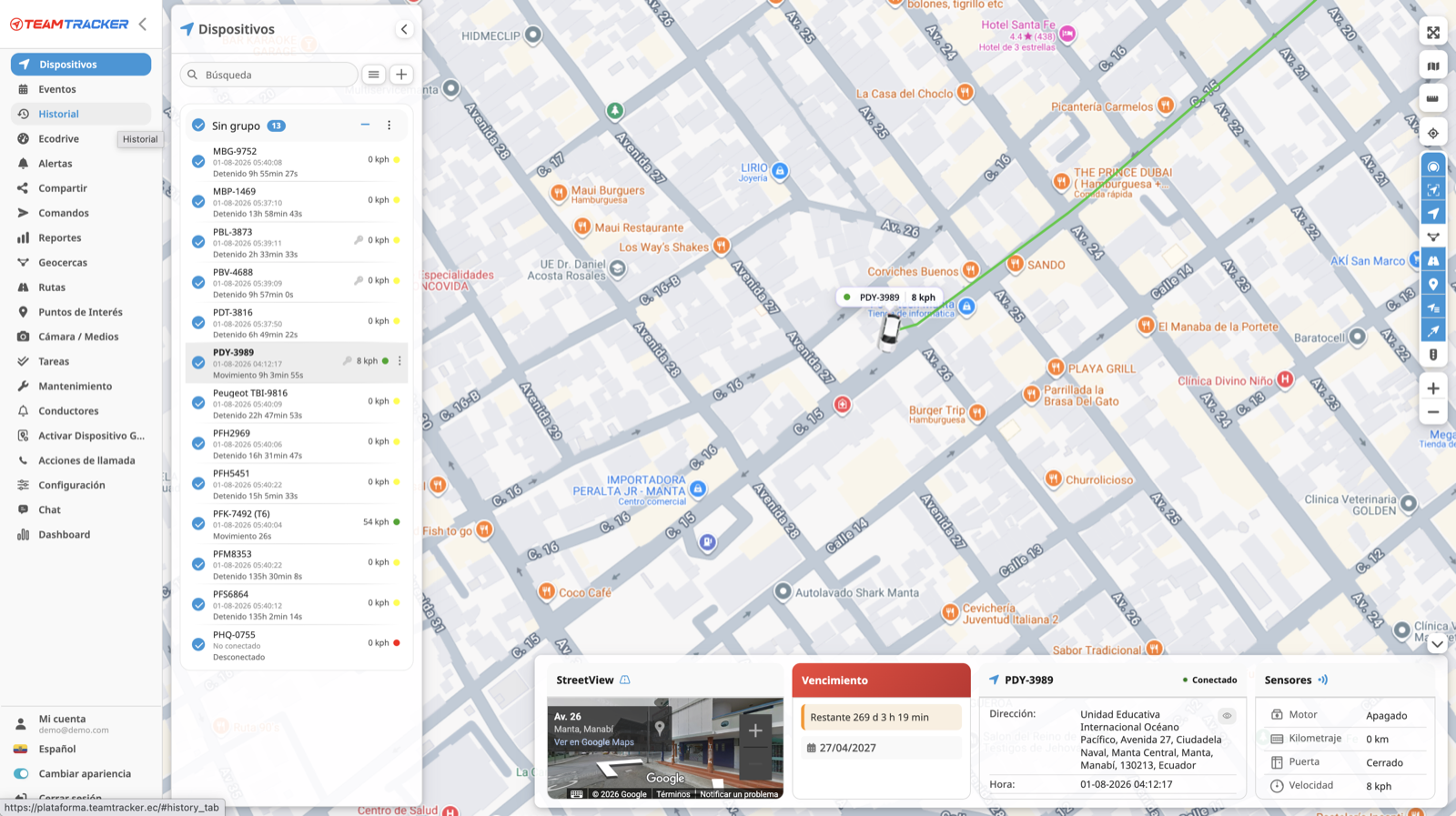 Mapa de monitoreo en vivo de flota